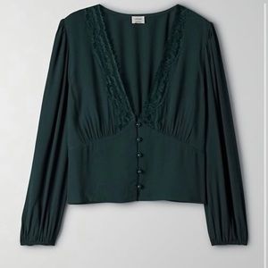 Aritzia Deep Green Lace Trim Blouse